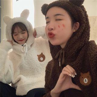 Bear Ear Embroidered Faux Shearling Hoodie
