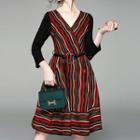 Striped V-neck Long-sleeve A-line Dress