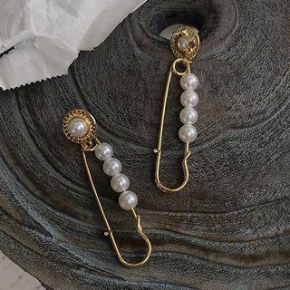 Faux Pearl Safety Pin Statement Earring 1 Pair - Gold - One Size