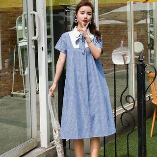 Striped Short-sleeve Shirtdress With Sash