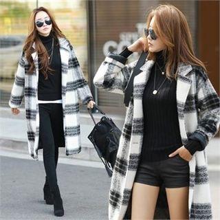 Napped Single-breasted Plaid Coat Black - One Size