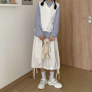 Set Wide Shirt + Vest + Drawstring Semi Skirt