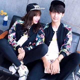 Floral Print Sleeve Couple Bomber Jacket