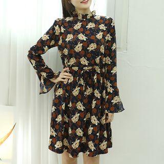 Floral Patterned Frilled-neck Drawstring-waist Dress