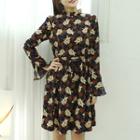 Floral Patterned Frilled-neck Drawstring-waist Dress