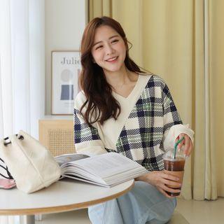V-neck Plaid-panel Sweatshirt