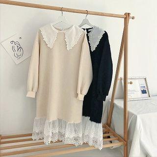 Color-block Peter-pan Collar Lace Panel Dress
