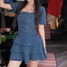 Short-sleeve Mini A-line Tiered Denim Dress