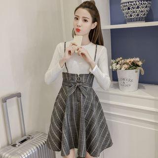 Set: Long-sleeve Knit Top + Striped A-line Jumper Skirt