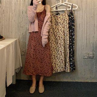 Spaghetti Strap Flower Print Midi A-line Dress / Cable-knit Cardigan