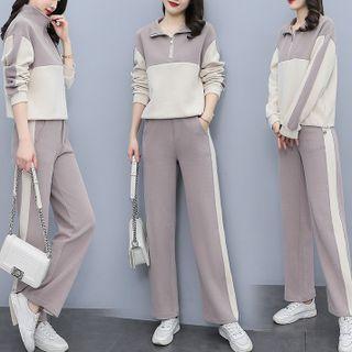 Set: Two-tone Half-zip Sweatshirt + Straight Leg Pants