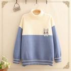 Mock-neck Rabbit Embroidered Color-block Sweater