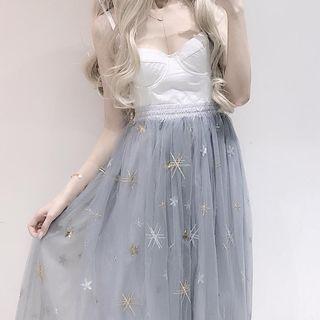 Star Embroidered Midi A-line Mesh Skirt