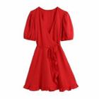 Short-sleeve Tie-waist Frill Trim Mini A-line Dress