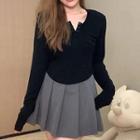 Long-sleeve Henley T-shirt / Mini Pleated Skirt
