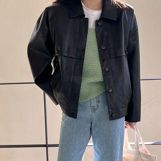 Hidden-button Pleather Jacket Black - One Size