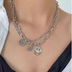 Stainless Steel Smiley Pendant Layered Necklace E47 - Silver - One Size