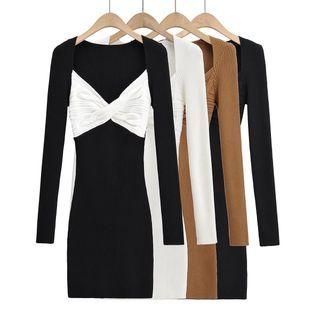 Long-sleeve Plain Twist Knit Sheath Dress