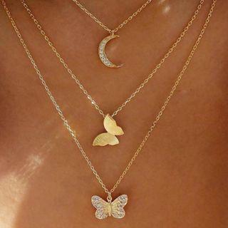 Moon & Butterfly Pendant Layered Alloy Necklace Nl180 - Gold - One Size
