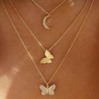 Moon & Butterfly Pendant Layered Alloy Necklace Nl180 - Gold - One Size