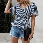 Short-sleeve Striped Tie-waist Peplum Top