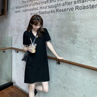 V Neckline Color-block Short-sleeve Dress