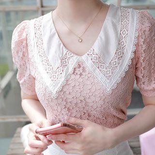 Crochet-collar Puff-sleeve Lace Blouse