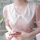 Crochet-collar Puff-sleeve Lace Blouse