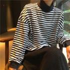 Striped Mock-neck Long-sleeve Loose-fit Pullover As Figure - One Size