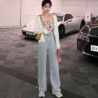Sleeveless Sequined Cropped Top / Cardigan / Wide-leg Jeans