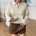 Collared Zip-front Knit Top Beige - One Size