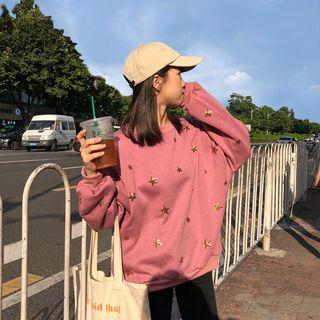 Sweatshirt Wide Woman Embroidered Star Long-sleeve Top