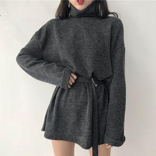 Mock Neck Long-sleeve T-shirt Dress Dark Gray - One Size