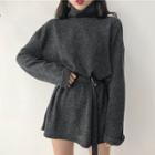 Mock Neck Long-sleeve T-shirt Dress Dark Gray - One Size
