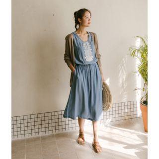 Drawstring-waist Embroidered Midi Pinafore Dress Light Blue - One Size