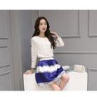 Set: Lace Trim Long-sleeve Top + Print A-line Skirt