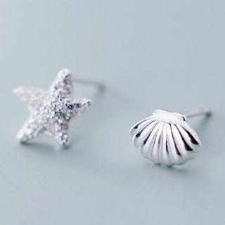 Non-matching 925 Sterling Silver Rhinestone Starfish & Shell Earring 1 Pair - S925 Sterling Silver - One Size