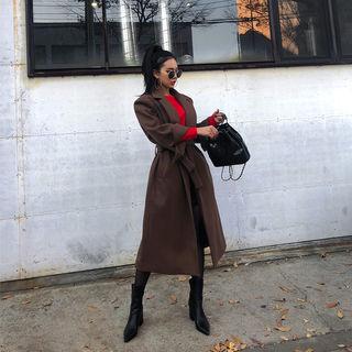 Slit-sleeve One-button Long Coat With Tie-belt
