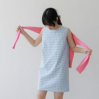 Sleeveless Plaid Mini Dress Blue - One Size