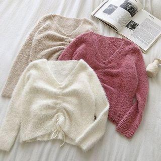 Plain V-neck Drawcord Long-sleeve Sweater