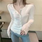 Long-sleeve Lettering Trim Button-up Knit Top