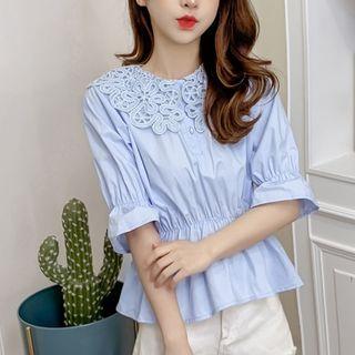 Elbow-sleeve Crochet Collar Blouse