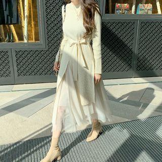 Set: Deep-slit Ribbed Dress + Midi Tulle Skirt Beige - One Size