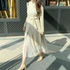 Set: Deep-slit Ribbed Dress + Midi Tulle Skirt Beige - One Size