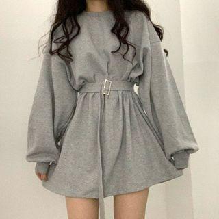 Belted Mini A-line Sweatshirt Dress