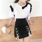 Color-block Short-sleeve T-shirt / High-waist Lace-up Skirt