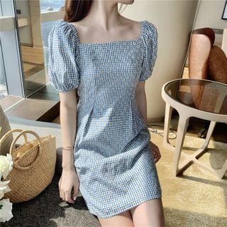 Flower Print Plaid Short-sleeve A-line Dress