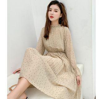 Long-sleeve Doted Midi Chiffon Dress