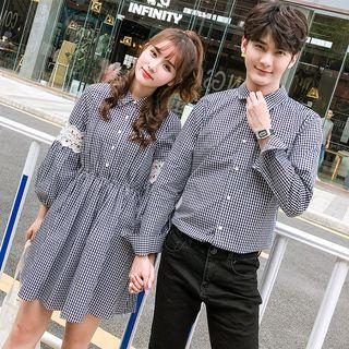 Couple Matching Gingham Shirt/ Long-sleeve Mini A-line Dress