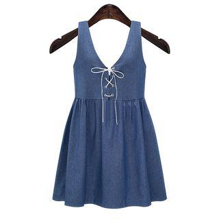 Lace-up Sleeveless A-line Denim Dress